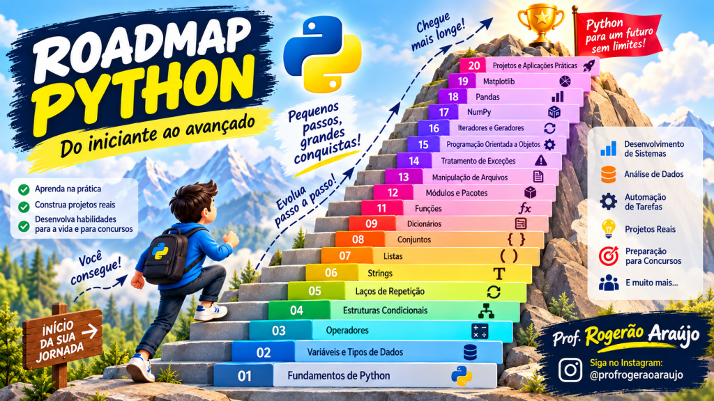 Imagem de um roadmap para aprender Python, destacando a jornada do iniciante ao avançado, com etapas ilustradas em escadas coloridas. Inclui tópicos como Fundamentos de Python, Estruturas Condicionais, Funções, e Projetos e Aplicações Práticas, além de dicas motivacionais para a aprendizagem.